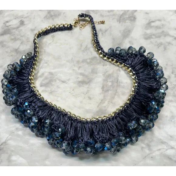 Vintage Blue Beaded Necklace Choker Crochet Bib Silver Tone 14" Long - Picture 2 of 6